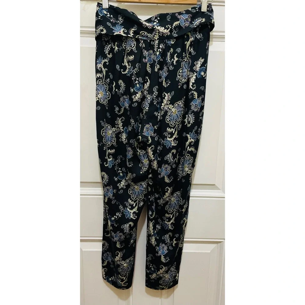 Rebecca Taylor Paisley Print Tie‎ Waist Pants Size 2 Black Blue